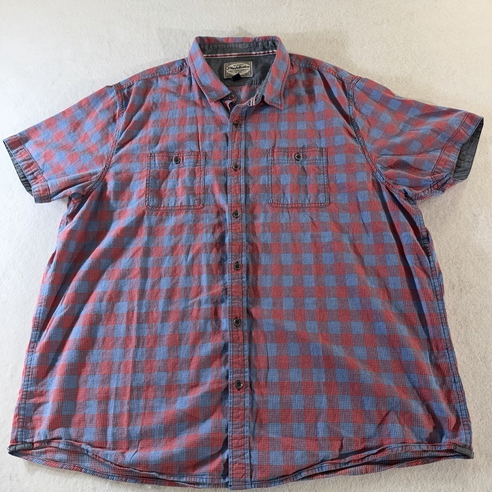 Flag & Anthem Men's XXL Short Sleeve Plaid Button Front Shirt Red Blue Cotton